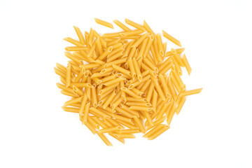 Pile of dried macaroni on top of a white background in studio