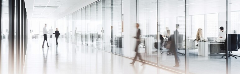People walking in the corridor of an business center, pronounced motion blur. Generative AI.