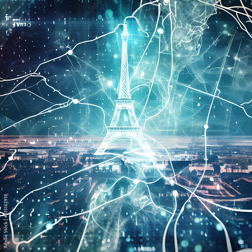 Wall mural Paris blue themed big data concept illustration, mixing map and panorama perspective with Eiffel tower silhouette