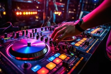 Fototapeta na wymiar Night club, nightlife concept. DJ hands hold microphone and mixing DJ remote. Neon light, ai generated