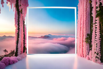 A pristine white Polaroid frame suspended in mid-air, surrounded by a surreal dreamscape