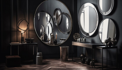 Modern elegance shines in clean, black bathroom with shiny accessories generated by AI
