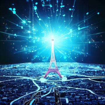 Paris blue themed big data concept illustration, aerial panorama view with Eiffel tower top as beacon