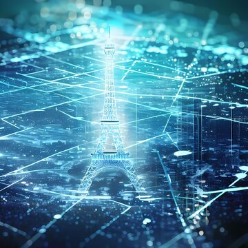 Paris blue themed big data concept illustration, semi aerial panorama with Eiffel tower glow