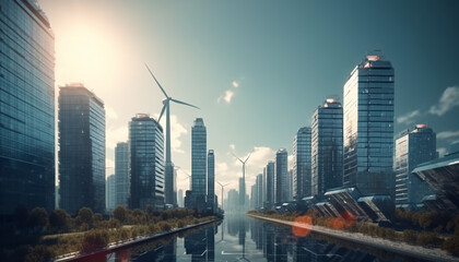 Wind turbines power city growth, reducing pollution and conserving environment generated by AI