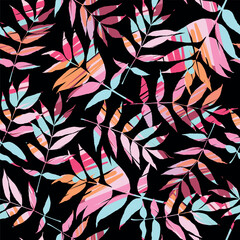 Fashionable seamless tropical pattern with bright plants and leaves on a bright background. Beautiful exotic plants. Trendy summer Hawaii print. Colorful stylish floral.