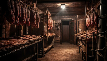 Hanging pork and beef in a rustic butcher shop workshop generated by AI