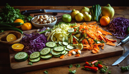 Fototapeta na wymiar Fresh organic salad with healthy vegetables, herbs, and spices prepared indoors generated by AI