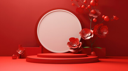 3d Background products for valentine’s day podium in red flower background with cylinder. podium stand to show cosmetic product with craft style on background.