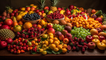 Naklejka na ściany i meble Juicy fruit collection grape, orange, strawberry, pineapple, melon, kiwi generated by AI