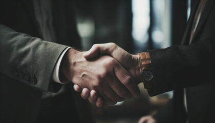 Two businessmen shaking hands in successful business agreement indoors generated by AI