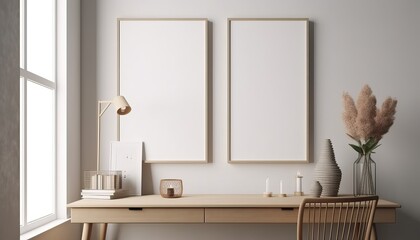 Blank picture frame mockup interior with table and decoration object.3d rendering