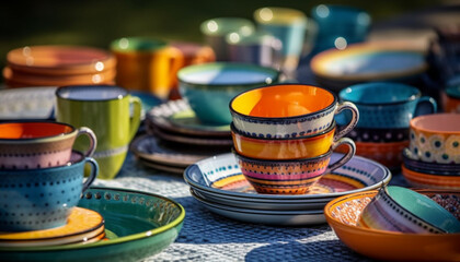 A colorful collection of earthenware pottery and ceramics on table generated by AI