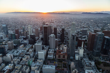 Dusk sunset aerial of downtown Los Angeles in southern California California.  