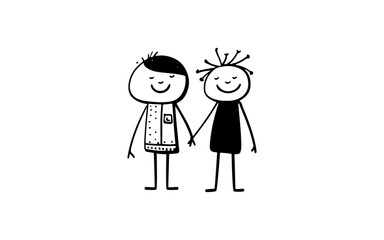 Two people relationship doodle line art illustration with black and white style for template.