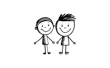 Two happy kids doodle line art illustration with black and white style for template.