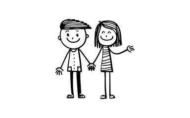 Two people relationship doodle line art illustration with black and white style for template.
