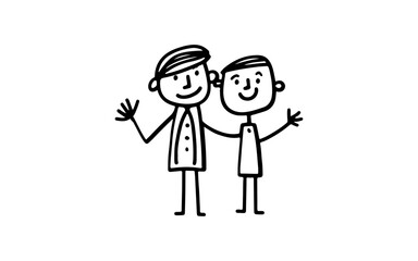 Fototapeta na wymiar Two happy people doodle line art illustration with black and white style for template.