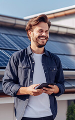 A young man checks the energy production of his photovoltaic system on a tablet, in the background you can see the roof of the house with the solar panels. Happy and satisfied expression