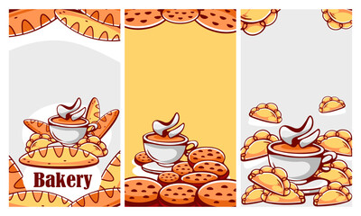 A set of vector patterns in cartoon style on the theme of pies, tea and tea parties.