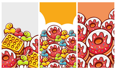 Set of vector patterns in cartoon style on the theme of sweets and lettering.