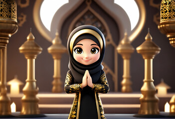 3d character muslim hijab girl pray at mosque
