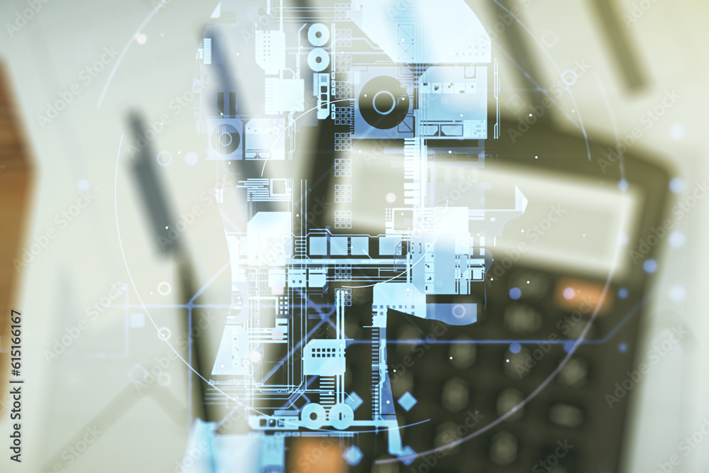 Poster double exposure of creative human head microcircuit hologram on calculator and papers background. fu