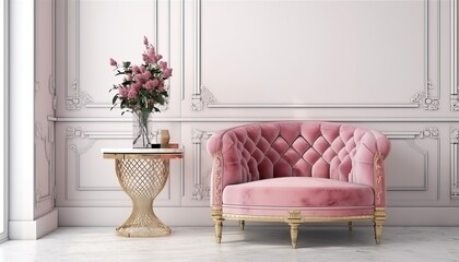 Modern classic style with pink sofa armchair and gold table on white background.3d rendering