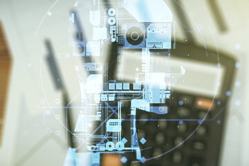 Double exposure of creative human head microcircuit hologram on calculator and papers background. Future technology and AI concept