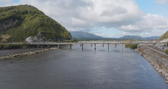 Aerial: Bridge of the Grey River, Greymouth, South Island, New Zealand