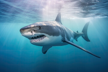 Fototapeta premium Shark attack concept. Large wild shark in the ocean, close-up. Generated by AI.