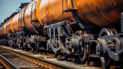 Freight train with oil-carrying wagons. Transportation of fuels and lubricants. Transportation of oil by rail.