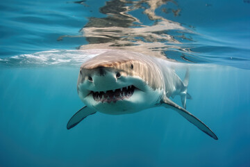 Shark attack concept. Large wild shark in the ocean, close-up. Generated by AI.