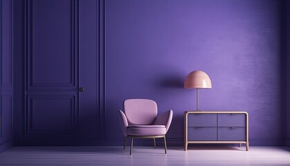 Violet room Very Peri.Chair,cabinet and lamp.Modern design interior.3d rendering