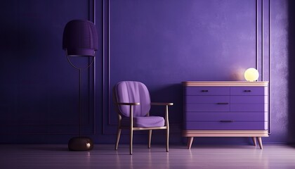 Violet room Very Peri.Chair,cabinet and lamp.Modern design interior.3d rendering