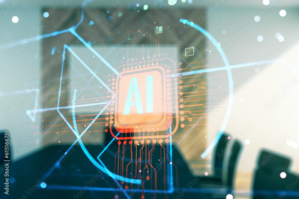 Aufkleber double exposure of creative artificial intelligence abbreviation hologram on a modern boardroom back