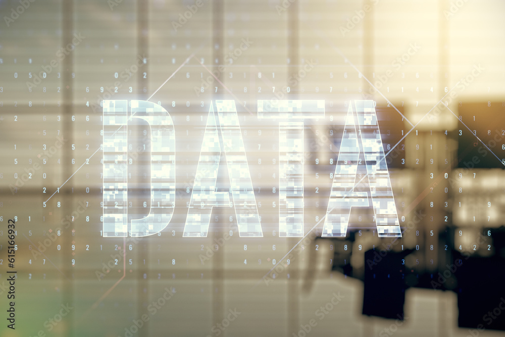 Poster Data word hologram on a modern boardroom background, big data and blockchain concept. Multiexposure