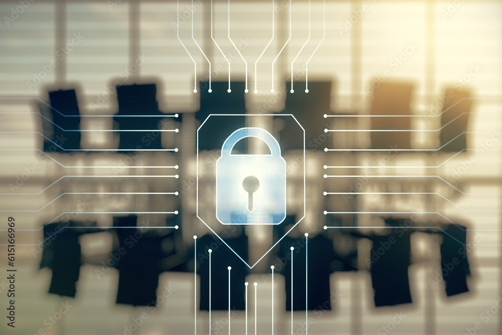 Aufkleber double exposure of virtual creative lock hologram with chip on a modern meeting room background. inf