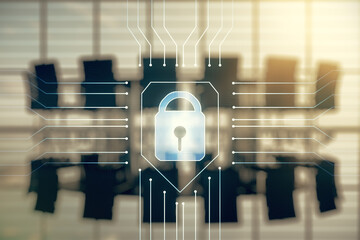 Double exposure of virtual creative lock hologram with chip on a modern meeting room background. Information security concept