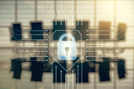 Double exposure of virtual creative lock hologram with chip on a modern meeting room background. Information security concept
