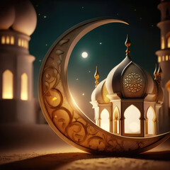 Eid Mubarak in Simplicity: Crescent Moon and Minimal Light Lanterns as Background
