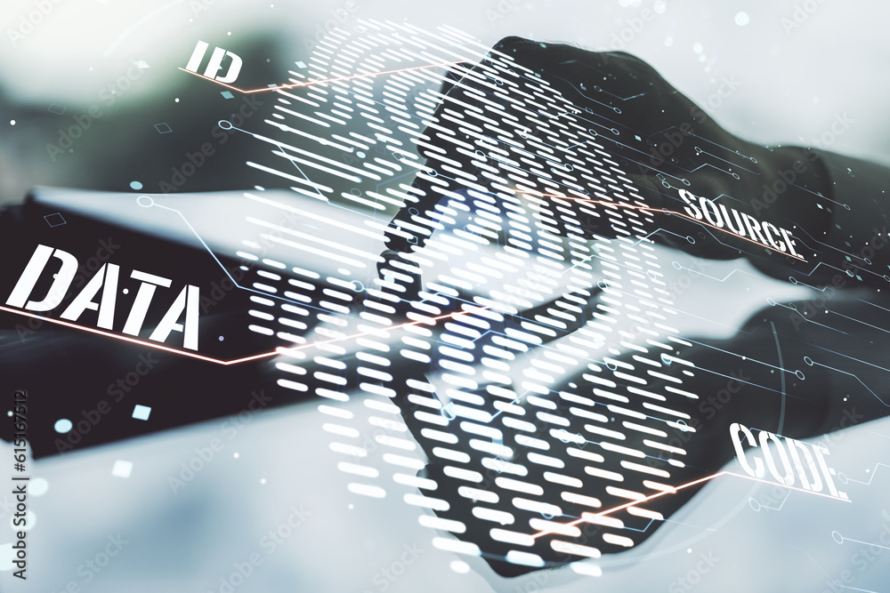 Poster double exposure of abstract creative fingerprint hologram with finger clicks on a digital tablet on 
