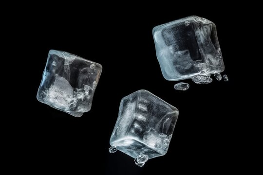 Three ice cubes, isolated on dark black background. Made with Generative AI