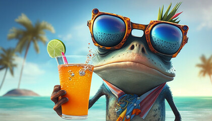 Frosch im Hawaii-Hemd Alkohol Party mit Cocktails, bunte neon Farben Comic digital 3d Motiv für Werbung Reiseveranstalter Urlaub Generative AI 