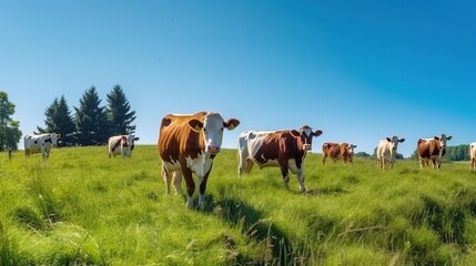 Naklejka na ściany i meble Cow on green field. generative AI