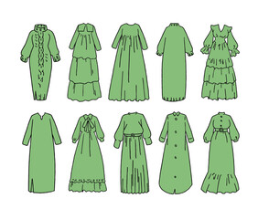 緑のロング丈ワンピースのイラストセット