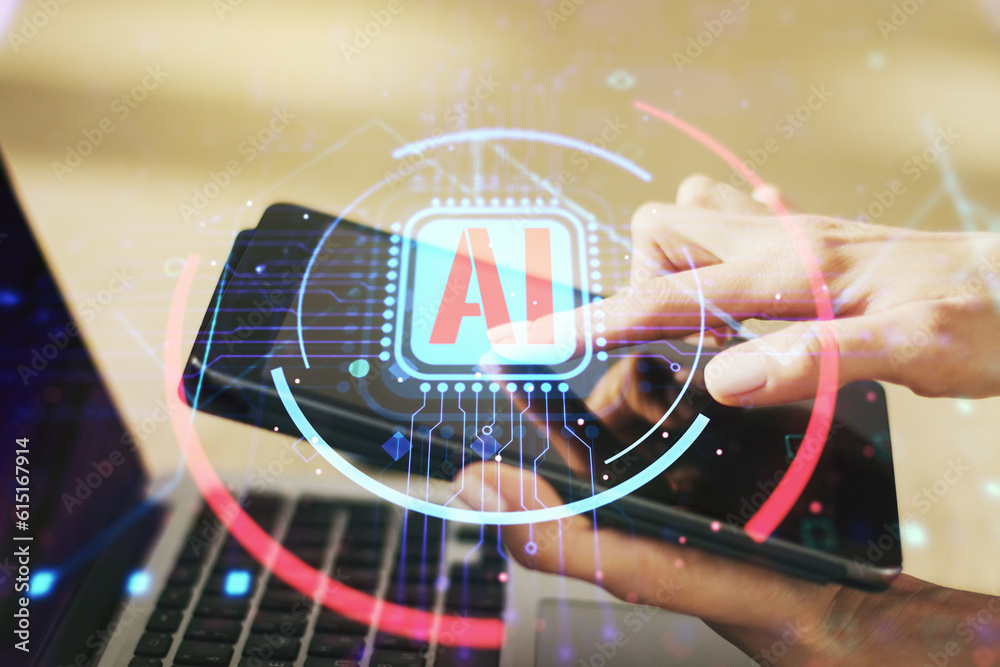 Aufkleber double exposure of creative artificial intelligence abbreviation and hand working with a digital tab