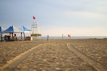tirs track print on sand beach toward sea