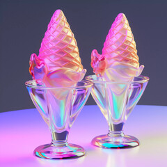 Two Ice Creams in a Glass Goblets in Neon Colors