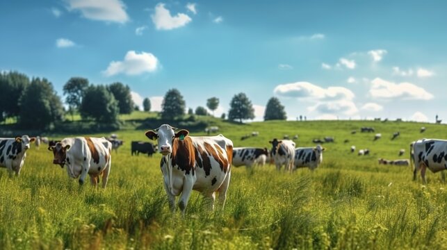 Cow on green field. generative AI